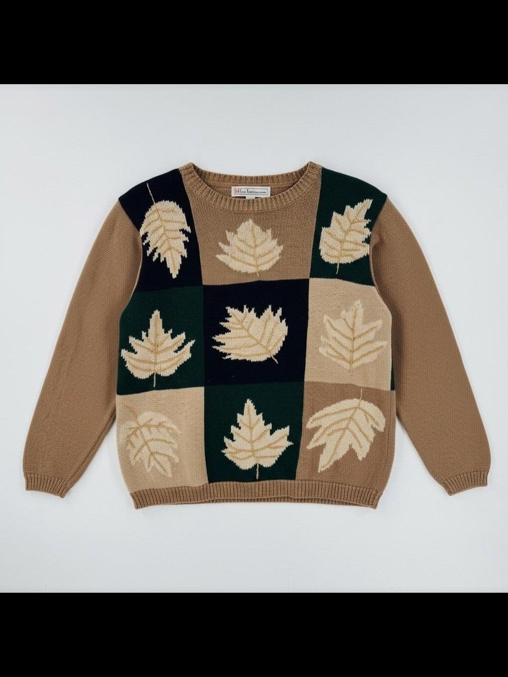 Cozy Leaf-Block Crewneck Sweater in Brown by Unknown